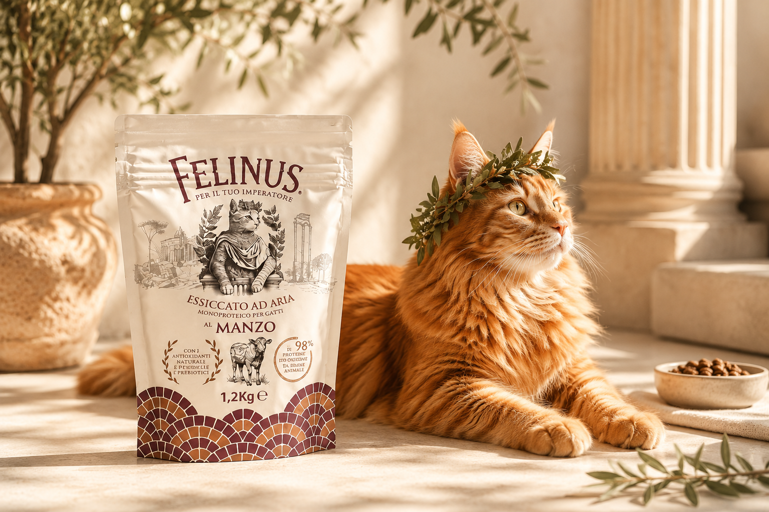 Gatto con corona d'alloro accanto al sacco Felinus Essiccato ad Aria al Manzo