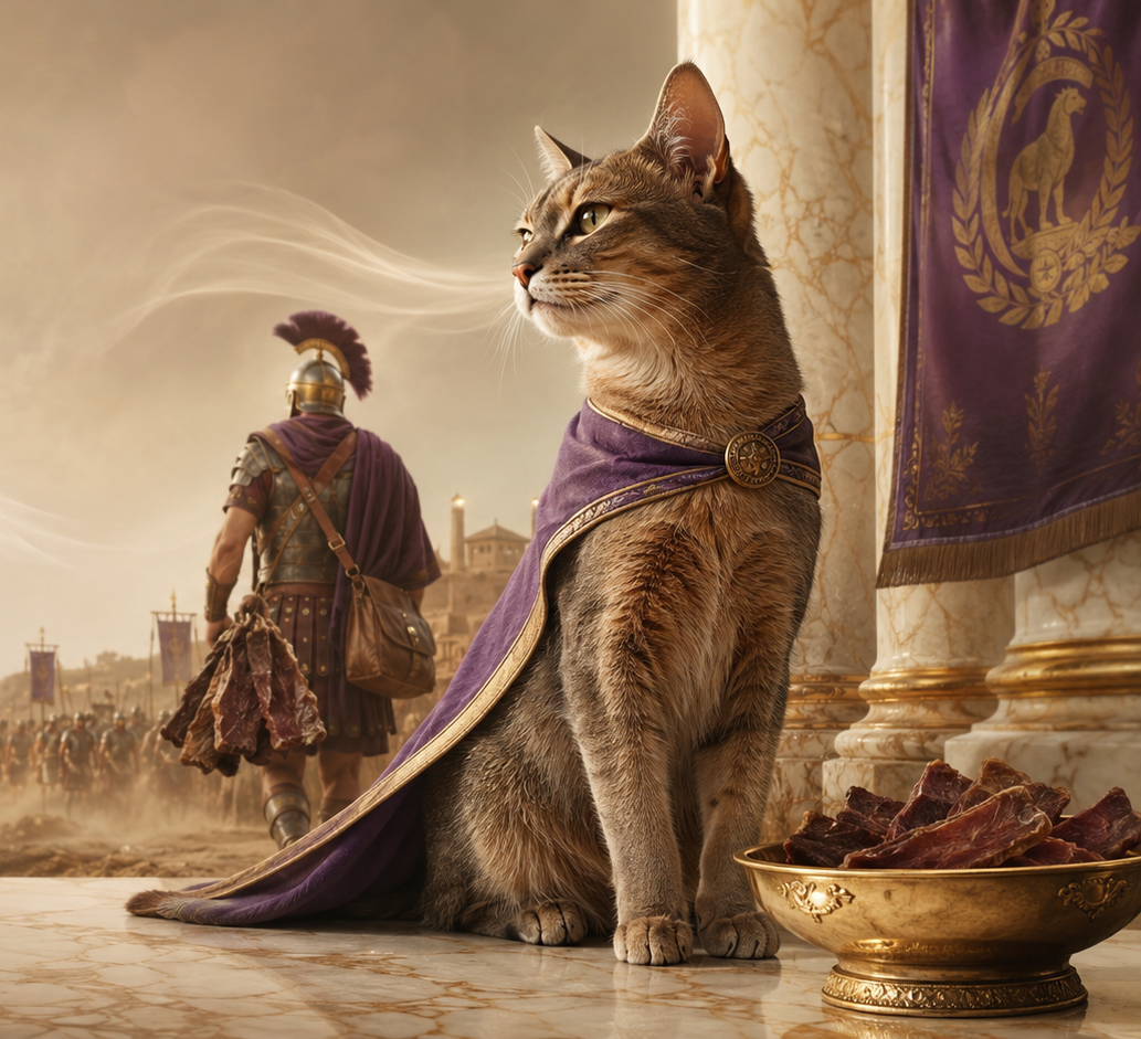 Gatto con manto imperiale accanto a una ciotola dorata di carne essiccata, mentre un legionario romano parte con le scorte